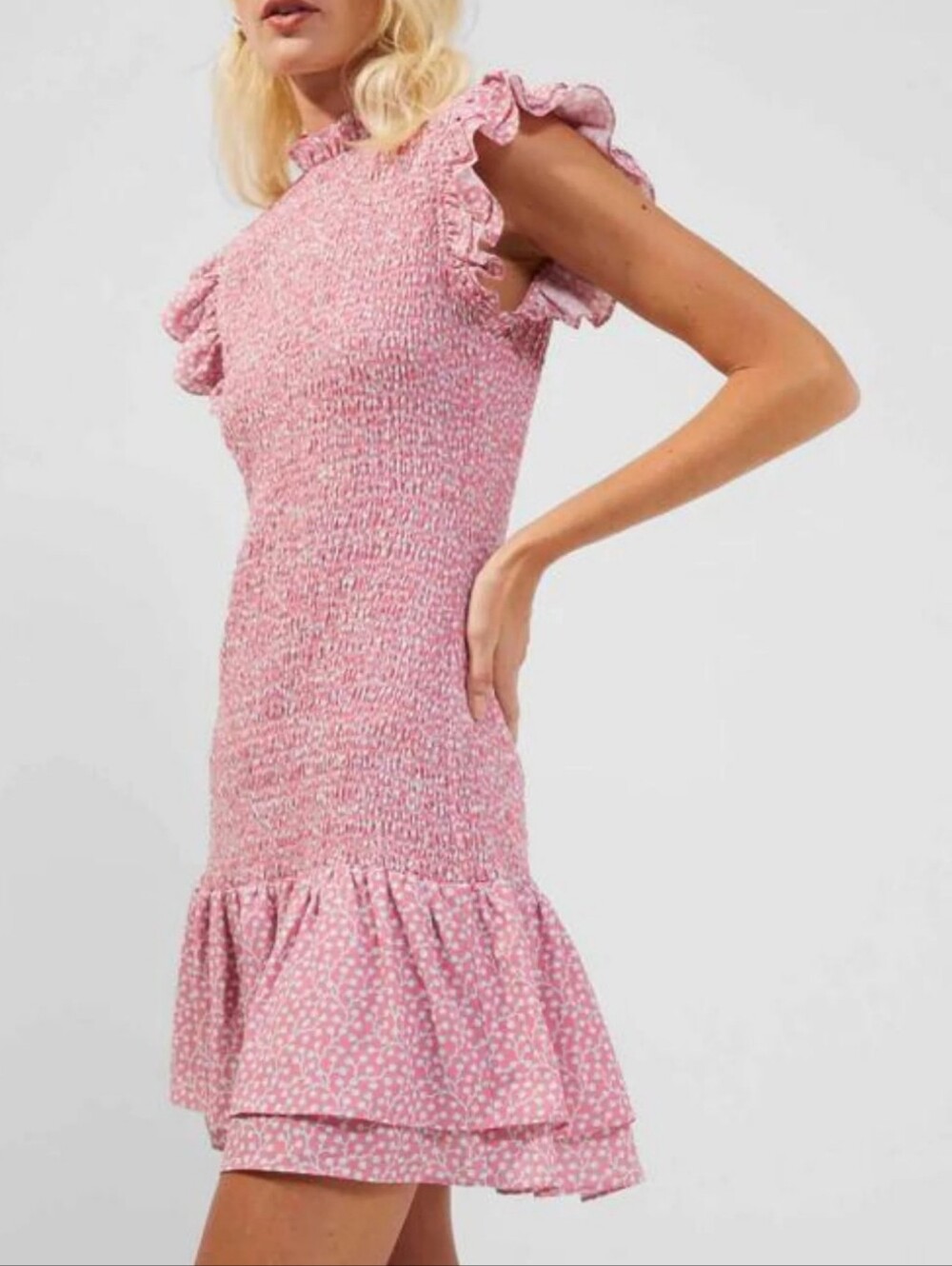 French Connection Smocked Pink Ruffle Hem Mini Dress Size Small